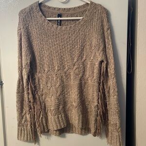 Design Lab LORD &‎ TAYLOR Tan Brown Fringe Knit Pullover Sweater Womens Size XS